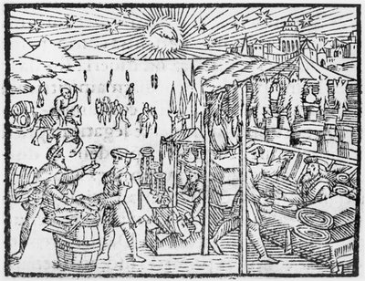 Handel i Skandinavia, illustrasjon fra History of the Northern Nations av Olaus Magnus (1490-1558), utgitt i Roma, 1555 av Italian School