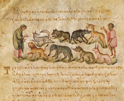 Avhandling om de mange dyreartene som bor på jorden, illustrasjon fra Cynegetica av Oppian (tempera på vellum) av Italian School
