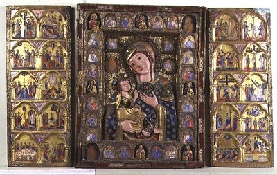 Triptyk om Madonna og barnet med evangelister, profeter og scener fra Kristi liv (tre, sølvfiligran og emalje) av Italian School