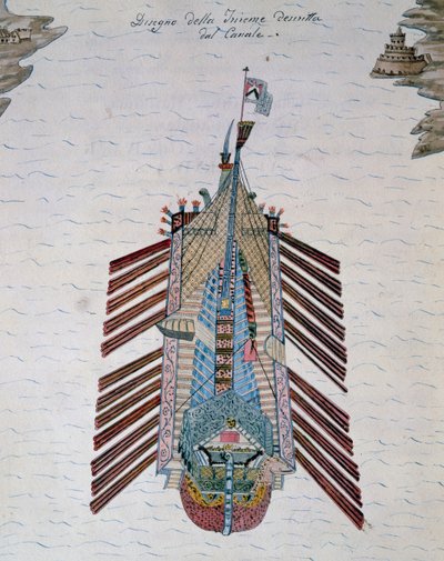 Trireme (skip med tre banker av årer), fra On maritim militia treatise, av Cristoforo Canal (1510-1562), Italia av Italian School