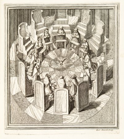Tolv dommere fra Rota ber i en sirkulær sal rundt Den Hellige Ånd, pub. 1717 (gravering) av Italian School