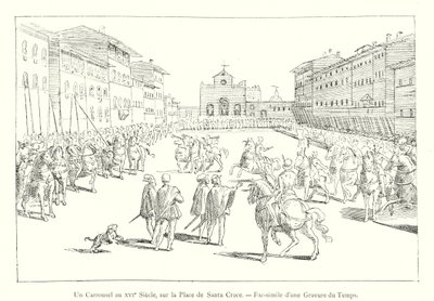 En karusell på 1500-tallet, på Plaza de Santa Croce, faksimile av en gravering fra tid (gravering) av Italian School