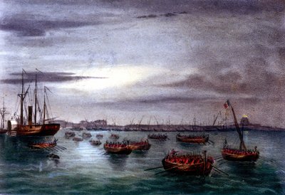 Unite d'Italie: ekspedisjonen av de tusen eller røde skjortene ledet av Giuseppe Garibaldi (1807-1882). Avreise fra den første flåten til Garibaldi-hæren fra fyret i Messina på Sicilia mot Calabria. 1860 Litografi fra 1800-tallet av Italian School