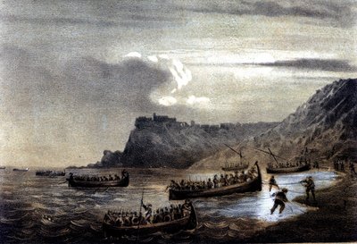 Unite of Italy: ekspedisjon av de tusen eller røde skjortene ledet av Giuseppe Garibaldi (1807-1882). Avgangen til den første flåten av Garibaldians mot Calabria ved Fort Stella. Litografi fra 1800-tallet av Italian School
