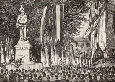 Avduking av monumentet til general Giacomo Medici, Milano, Italia, gravering fra tegning av Edoardo Ximenes fra fotografiet Rossi, fra L'Illustration Italiana, nr. 24, 15. juni av Italian School