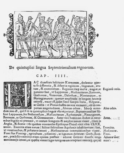 Variasjon av språk, illustrasjon fra History of the Northern Nations av Olaus Magnus (1490-1558), utgitt i Roma, 1555 av Italian School