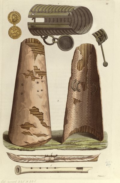 Ulike vikinggjenstander: bronsearmbånd, gullmedalje med runealfabet, skjold, fløyter. Illustrasjon av V. Raineri fra 