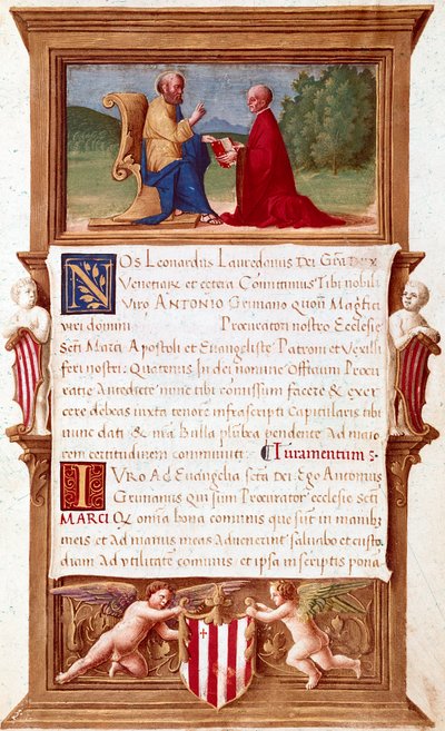 Venezia: Commission of Doge Antonio Grimani (1434-1523), Procurator of San Marco (Saint Mark) Manuskriptside fra 1500-tallet. Venezia, Museo Correr av Italian School