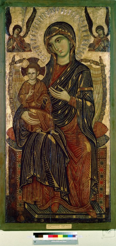 "Jomfru og barn på tronen" (Jomfru og barn på tronen) Jesu Kristi glorie er merket med et kors. Anonymt maleri av en kunstner fra Pisa. Tempera på tre. rundt 1280 Pushkin-museet, Moskva av Italian School