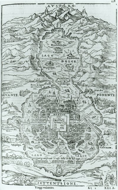 Utsikt fra nord for den aztekiske byen Tenochtitlan, fra Relatione della Citta del Temistitan av Giovanni Battista Ramusio (1485-1557) publisert i Venezia 1606 av Italian School