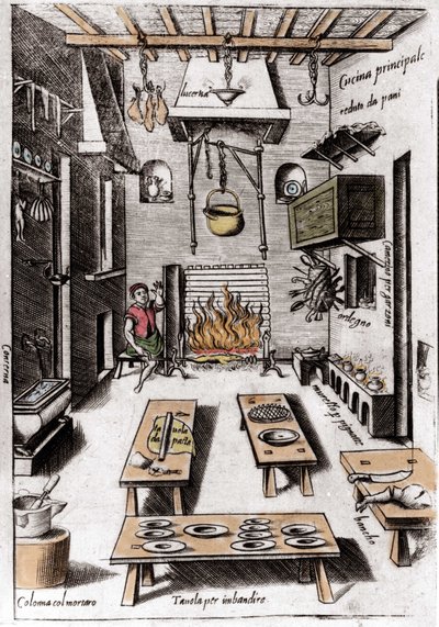 Utsikt over et kjøkken. Gravering fra "Opera", bok om gastronomi delt i 6 deler, av Bartolomeo Scappi, personlig kokk til pave Pius V. Venezia av Italian School