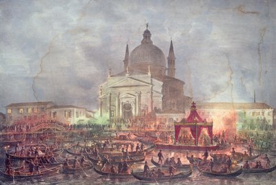 Utsikt over Chiesa del Redentore og båter på karnevalsdagen av Italian School