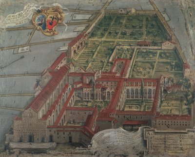 Utsikt over kirken og klosteret Santa Croce i 1718 av Italian School