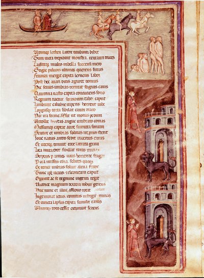 Utsikt over underverdenen, karakterer og monstre, illustrasjon for Furious Hercules av Seneque (miniatyr av Italian School