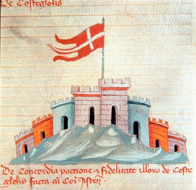 Utsikt over slottet Castiglione i Toscana Miniatyr fra "" Codex Astensis"" (eller Malabayla), kronikker om byen Asti mellom 1065 og 1353. 1300-tallet. Bevare i ordføreren i Asti av Italian School