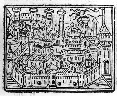 Utsikt over byen Aosta i Italia. Gravering i "" Supplement til krønikene "" av Fra Jacopo Filippo Foresti, Venezia av Italian School