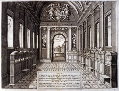 Utsikt over museet til Michele Mercati (1541-1595), forvalter av Vatikanets botaniske hage. Gravering fra "" Metallotheca..." Roma 1717 - 1719 av Italian School
