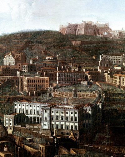 Utsikt over det gamle rettshuset omgjort til et palass med hengende hager i Napoli Anonymt maleri - 1700-tallet - Napoli, Museo Nazionale di San Martino av Italian School