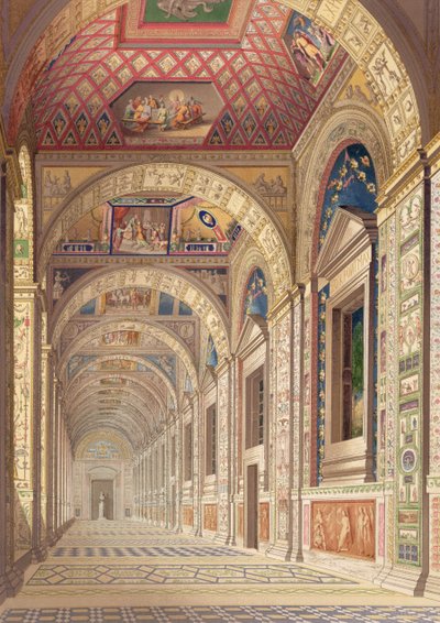 Utsikt over andre etasje Loggia ved Vatikanet, med dekor av Raphael, fra Delle Loggie di Rafaele nel Vaticano, utgitt som et løst blad i utgaven av 1814 (håndfarget gravering) av Italian School