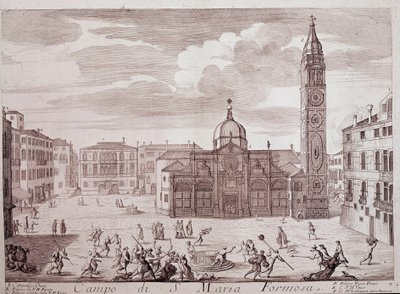 Utsikt over torget til kirken Santa Maria Formosa a Venezia Gravering fra "" Teatro di Venezia"" Venezia fra 1700-tallet, Museo Correr av Italian School