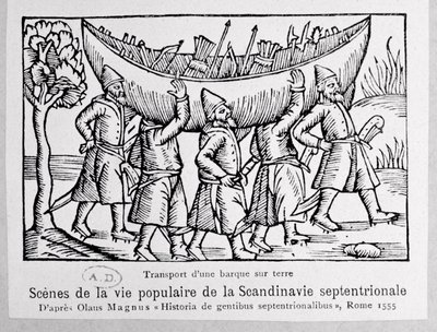 Vikinger som bærer en båt til Russland, illustrasjon fra History of the Northern Nations av Olaus Magnus (1490-1558), utgitt i Roma, 1555 av Italian School