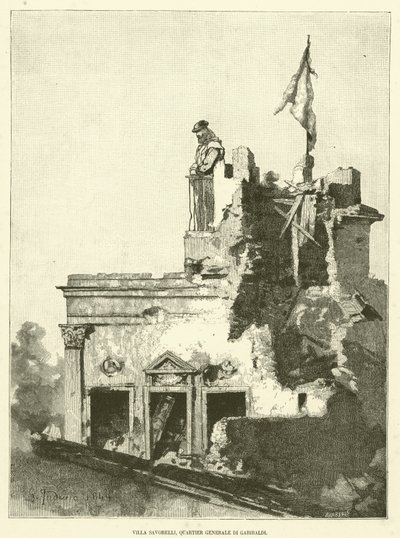 Villa Savorelli, Garibaldi-hovedkvarteret (gravering) av Italian School