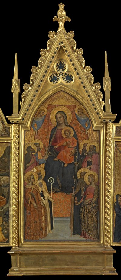 Jomfru og barn tronet med åtte hellige (midtpanel), ca. 1330-70 (tempera på panel) av Italian School