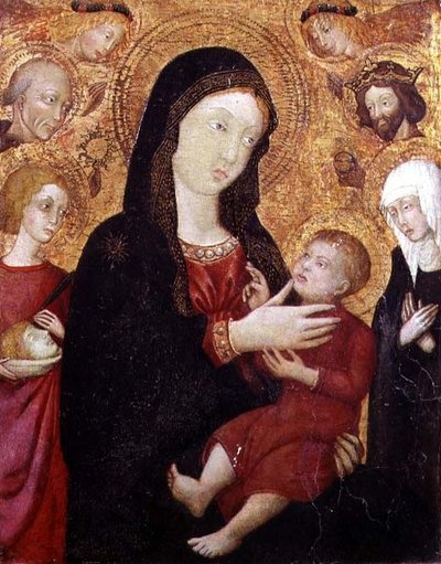 Jomfru og barn med S. Bernadino, Sigismund, Clare og Crescentius, 2. halvdel av 1400-tallet (tempera på panel) av Italian School