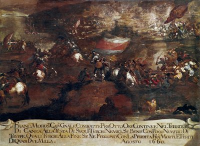 War of Candia (Kreta):: "" Slaget ved Chania ledet av Francesco Morosini (1619-1694) i august 1660" (Kretenskrigen (1645-69): angrepet av Canea ledet av Francesco Morosini i august 1660) Maleri av venetiansk skole av Italian School