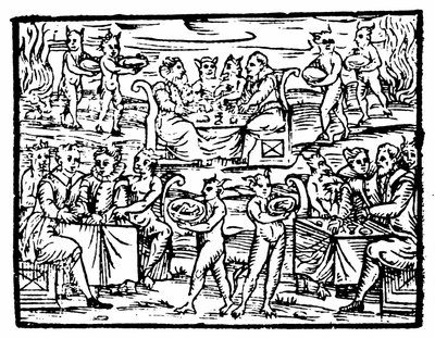 Hekser og trollmenn som fester på sabbaten, illustrasjon fra Compendium Maleficarum av Francesco Maria Guazzo, 1608 av Italian School