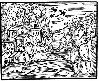 Hekser som ødelegger et hus ved brann, Swabia i 1533, illustrasjon fra Compendium Maleficarum av Francesco Maria Guazzo, 1608 av Italian School