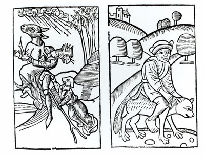 Hekser forkledd som dyr som rir på et kosteskaft (til venstre) og en mannlig heks som rir på en ulv (til høyre), kopier av illustrasjoner fra Compendium Maleficarum av Fr M Guaccius, Milano 1608, brukt i History of Magic av Italian School