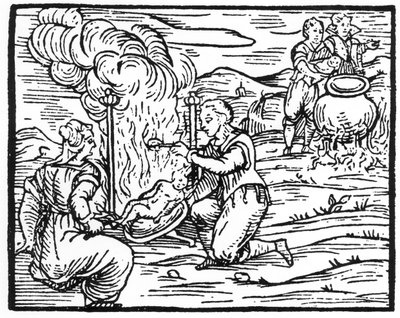 Hekser som steker og koker spedbarn, kopi av en illustrasjon fra Compendium Maleticarum av Fr M Guaccius, Milano 1608, brukt i History of Magic, utgitt sent på 1800-tallet av Italian School
