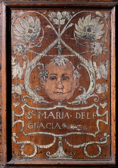 Treplate dekorert med et ansikt og inskripsjonen "Santa Maria delle Gracia" ", sacristy del bramante 1429-1481 Basilica di Santa Maria delle Grazie Milan (trebenk dekorert med et ansikt og inskripsjonen" Santa Maria delle Gracia "", Bramante sacrist av Italian School