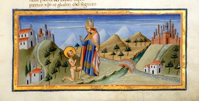 Yates Thompson 36, f.149, Den nakne figuren til St. Francis, mottar velsignelsen fra biskopen av Assisi, fra 