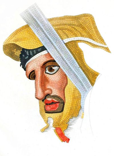 gulvmosaikk, leder av en persisk soldat, fjernet fra Casa del Fauno (Faunens hus), 1831 av Italian School