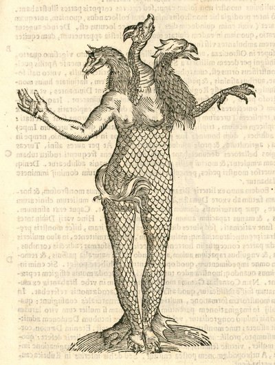 illustrasjon av et trehodet monster med hodet til en rev, drage og ørn fra Aldrovandis History of Monsters, 1642 av Italian School