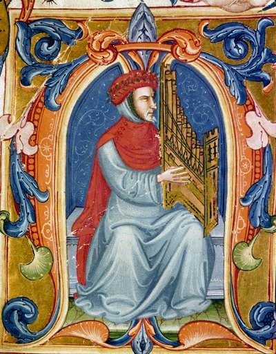 portrett av Francesco Landini eller Landino som spiller orgel (1325 1397) italiensk komponist, organist, sanger, poet. Miniatyr av Codex Squarcialupi fra 1400-tallet. Firenze, bibliotek Laurenziana, Ms. Med. Pal. 87. av Italian School