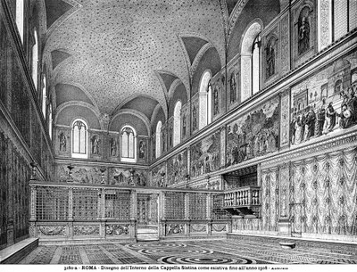 Tegning som viser interiøret i Det sixtinske kapell før renoveringen i 1508 av Italian School Italian School