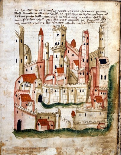 Utsikt over byen Jerusalem, fra Libro dOltramare av Niccolo da Poggibonsi (penn og blekk og tempera på vellum) av Italian School Italian School