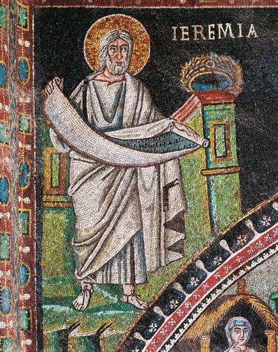 Profeten Jeremiah, mosaikk, venstre for lunette, nordlige vegg av prestegården, basilikaen San Vitale (UNESCOs verdensarvliste av Italian School
