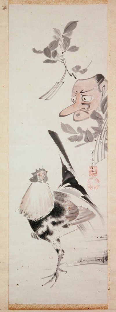 Hane og Tengu-maske, ca. 1775 (blekk og lys farge på papir) av Ito Jakuchu