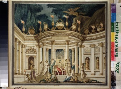 Musenes triumf. Prosjekt av teppet for den musikalske prologen av Alexander Alyabyev (1787-1851) og Alexis Verstsovsky (1799-1863). (Triumph of Muses. Gardindesign for musikkprologen av A.Alyabyev og A.Verstovsky). Antikvistisk dekor med Apollo, av Ivan Alekseevich Ivanov