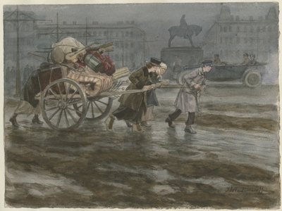 Familien flytter eiendelene sine på vogn fra serien med akvareller russisk revolusjon, 1917-1918 av Ivan Alexeyevich Vladimirov