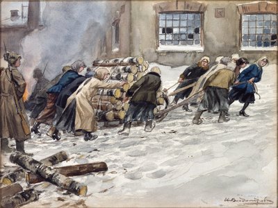 Rekvisisjon av ved av Vladimirov, Ivan Alexeyevich (1869-1947). Akvarell, Gouache på papir av Ivan Alexeyevich Vladimirov