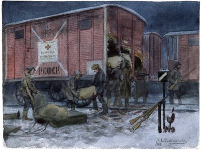 Soldats pillant un wagon de chemin de fer - Soldater som plyndrer en jernbanevogn (fra serien av akvareller den russiske revolusjonen) - Vladimirov, Ivan Alexeyevich (1869-1947) - 1922 - Akvarell på papir - 25,8x34,1 - Privat samling av Ivan Alexeyevich Vladimirov