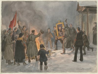 Soldater som brenner malerier fra serien med akvareller den russiske revolusjonen, 1917 av Ivan Alexeyevich Vladimirov