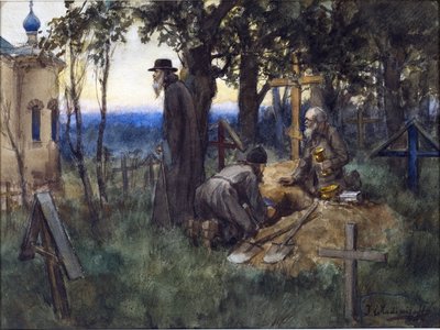 Prestene gjemmer kirkeskatter i en ny grav på en kirkegård av Vladimirov, Ivan Alexeyevich (1869-1947). Akvarell, Gouache på papir av Ivan Alexeyevich Vladimirov