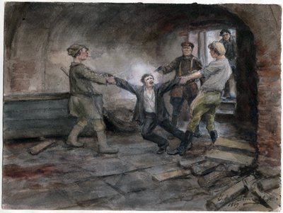 Un detenu emmene pour etre execute - Mann holdes og henrettes (fra serien av akvareller russiske revolusjonen) - Vladimirov, Ivan Aleksijevitsj (1869-1947) - 1919 - Akvarell på papir - 25,7x34,5 - Privat samling av Ivan Alexeyevich Vladimirov