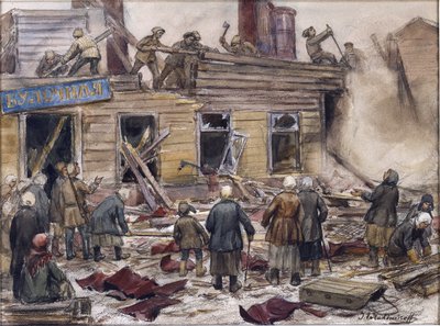 Arbeidere som river trehus for drivstoff av Vladimirov, Ivan Alexeyevich (1869-1947). Akvarell, Gouache på papir av Ivan Alexeyevich Vladimirov